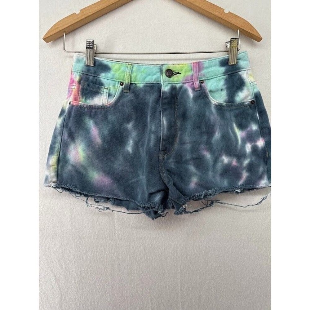 Pac Sun Women's Tye Dye Denim Shorts Raw Hem High Waist Size 25 Festival